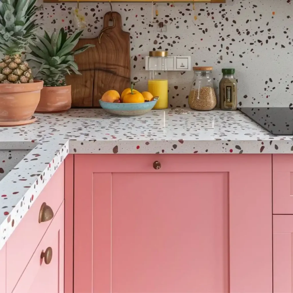 A quick kitchen makeover transformed this space with pink cabinets, a terrazzo countertop, and backsplash. The counter holds a wooden cutting board, potted plants, a bowl of oranges, a glass jar, and a small bottle.