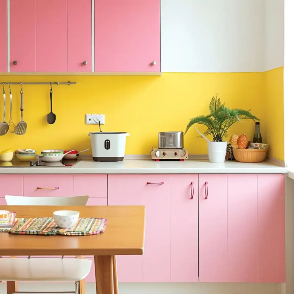 A quick kitchen makeover reveals pink cabinets and yellow walls, with various utensils hanging. A counter holds a white appliance, a toaster, a bowl of fruit, a potted plant, and tableware. A wooden table stands in the forefront.