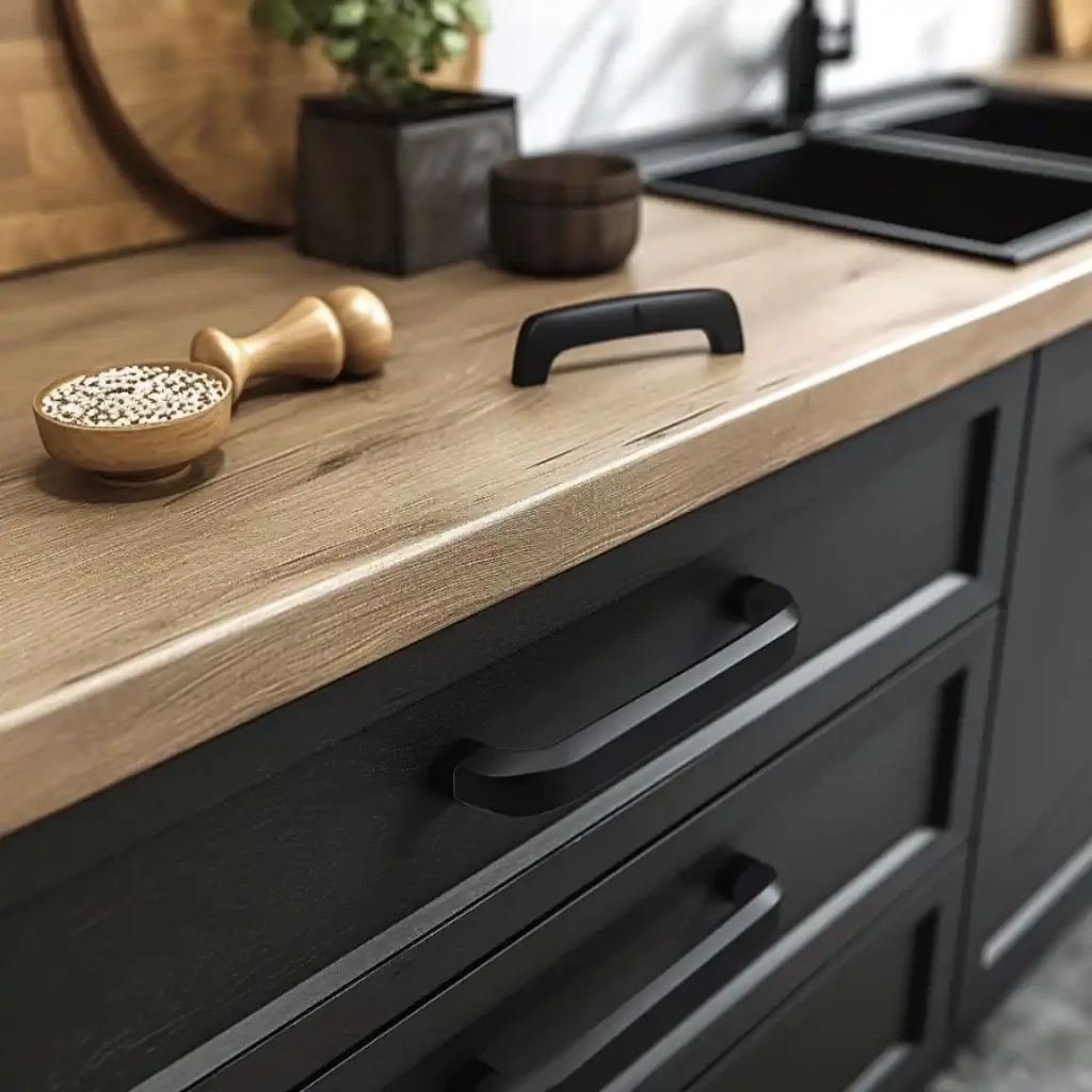 A modern kitchen countertop with a wooden finish features a mortar and pestle, a bowl of white grains, and a potted plant, perfect for showcasing your quick kitchen makeover. Below are black cabinets with sleek handles.