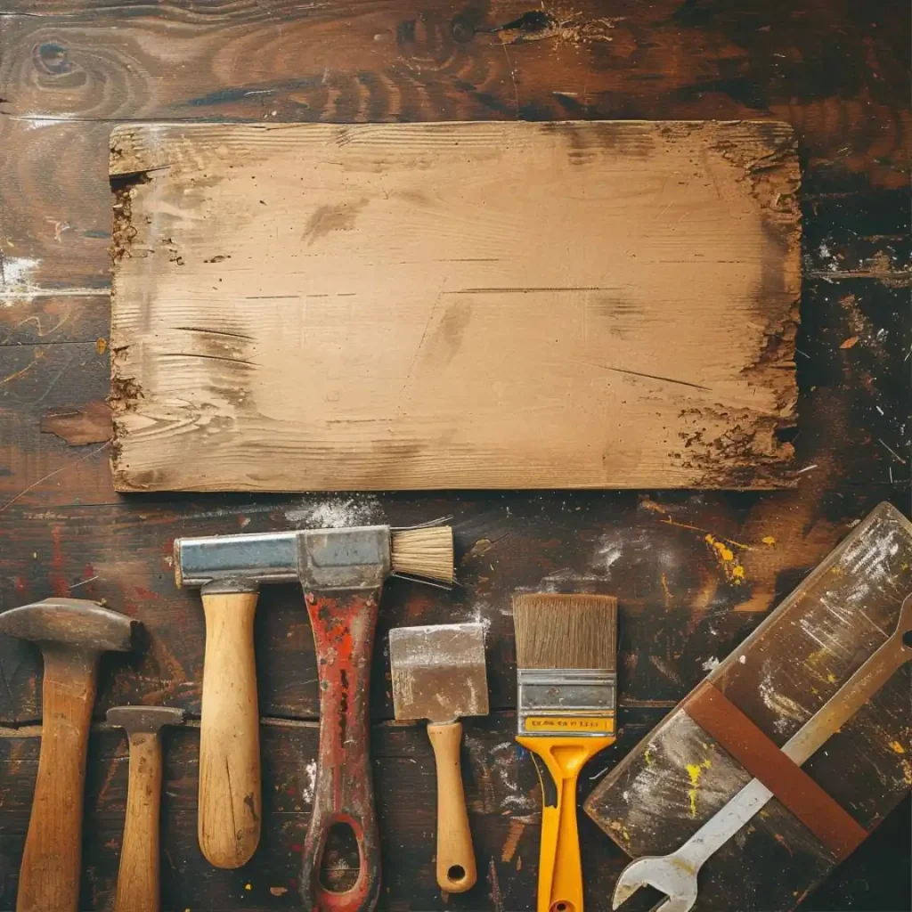 Distressed wooden board on a workbench, surrounded by various tools including hammers, paintbrush, chisel, and hand saw— ready for your next quick kitchen makeover.