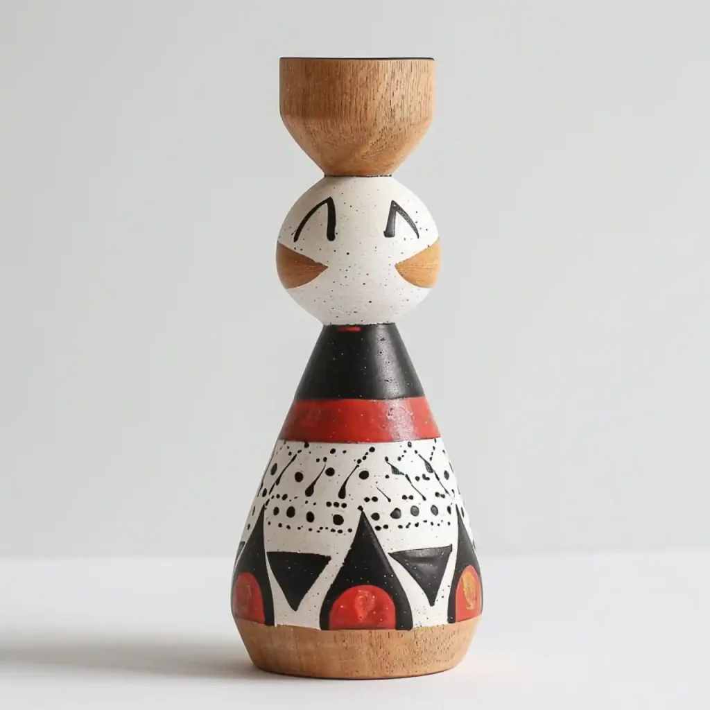 A wooden figurine with geometric patterns in black, white, and red. The top part is a round head with triangular eyes and a smiling face, while the body is cone-shaped with detailed designs—perfect for unique birthday gifts or adding charm to your wife’s interior design collection.