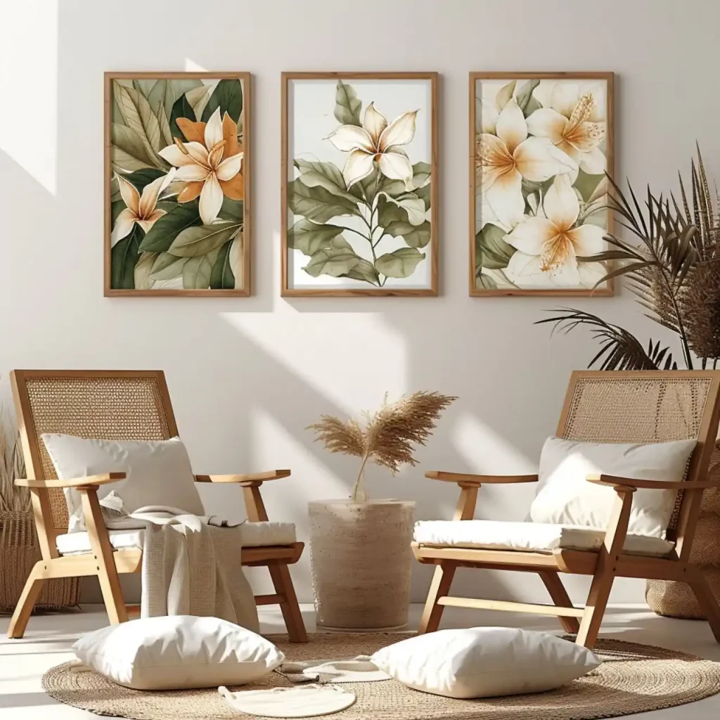Two wooden chairs with white cushions face each other in a cozy, sunlit room designed with tasteful interior design elements. Three framed floral artworks adorn the wall, and a potted plant sits between the chairs, making it an ideal setting for discussing thoughtful birthday gifts for your wife.