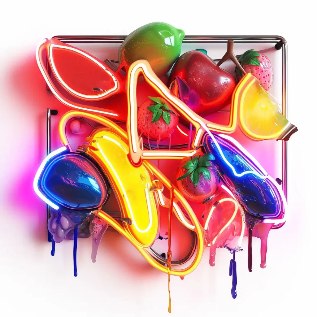 A vibrant neon sign in various colors featuring an array of fruits, including strawberries, bananas, and lemons, set against a plain background. This eye-catching piece makes for unique birthday gifts or adds a playful touch to your interior design.