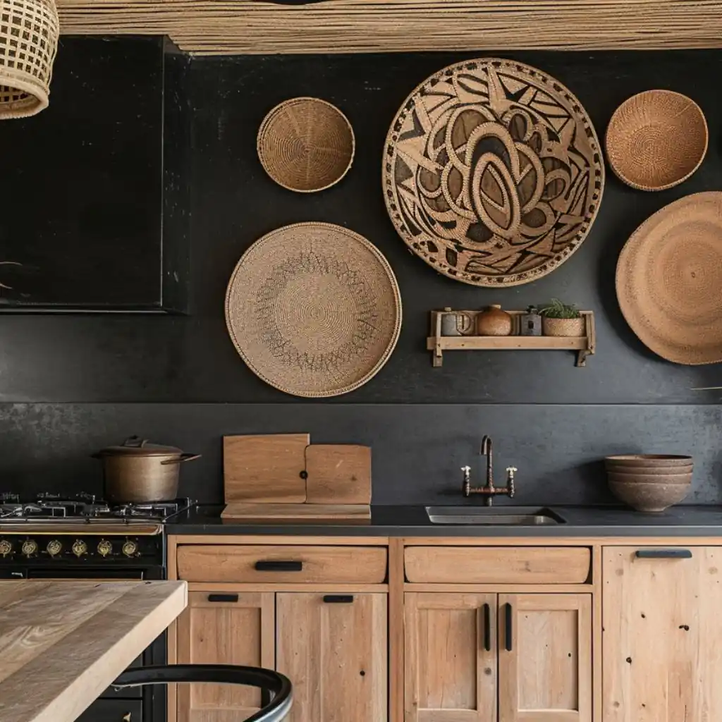 A kitchen with black walls features wooden cabinets, a black countertop, and baskets of various sizes and patterns mounted on the wall. This creative example shines among innovative kitchen designs, showcasing a stovetop, sink, and potted plants for a functional yet stylish space.