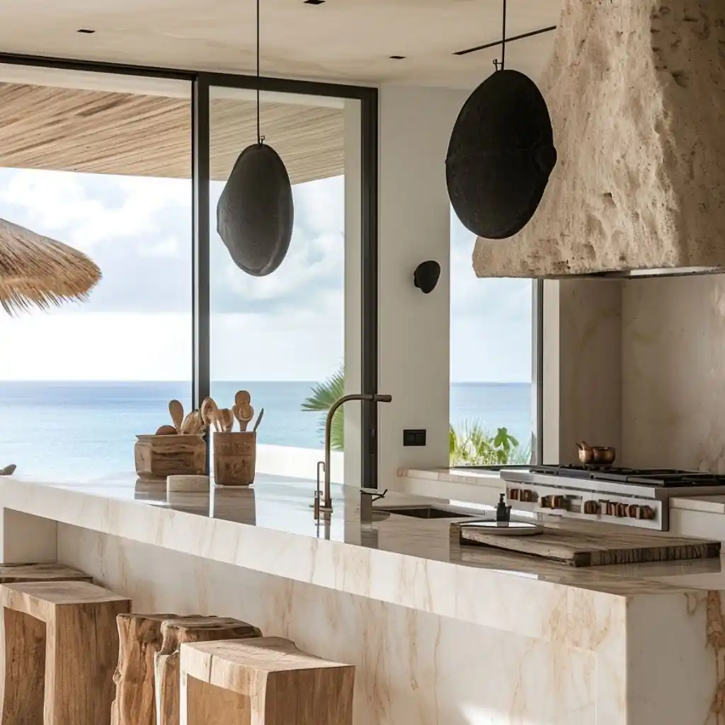 Modern kitchen featuring a large island with raw wood stools, marble countertops, and pendant lights. The open kitchen design allows for ample light through large windows that offer a view of the ocean.