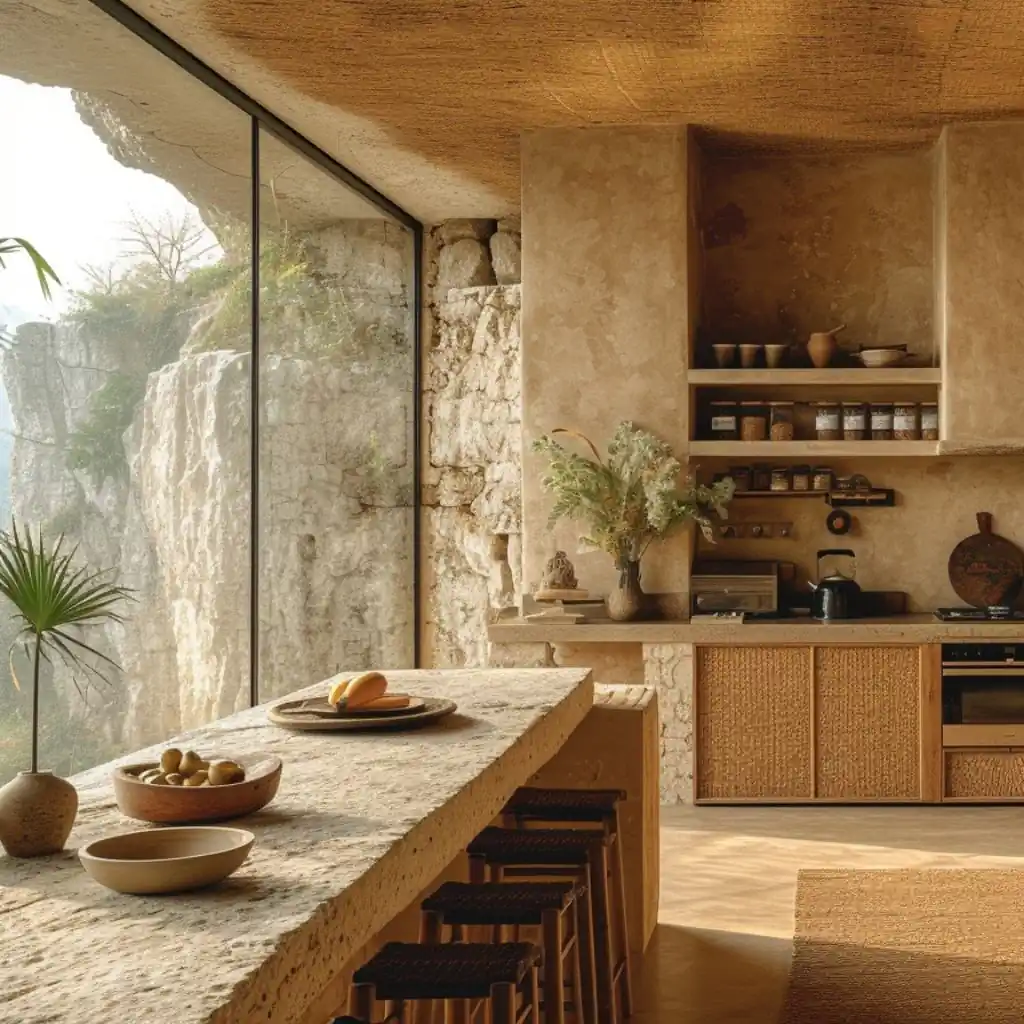 A modern kitchen with a stone island, stools, and open shelving against a rock wall exemplifies one of the most stylish kitchen layout types. Large windows reveal a cliffside view, and plants adorn the interior. Various bowls and jars are on the counter.