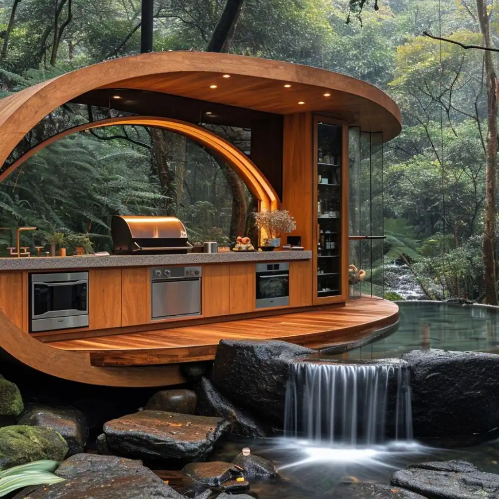 A modern outdoor kitchen with a curved wooden design, situated beside a small waterfall in a lush forest setting, features stainless steel appliances and bar seating, showcasing one of the most efficient kitchen layout types.