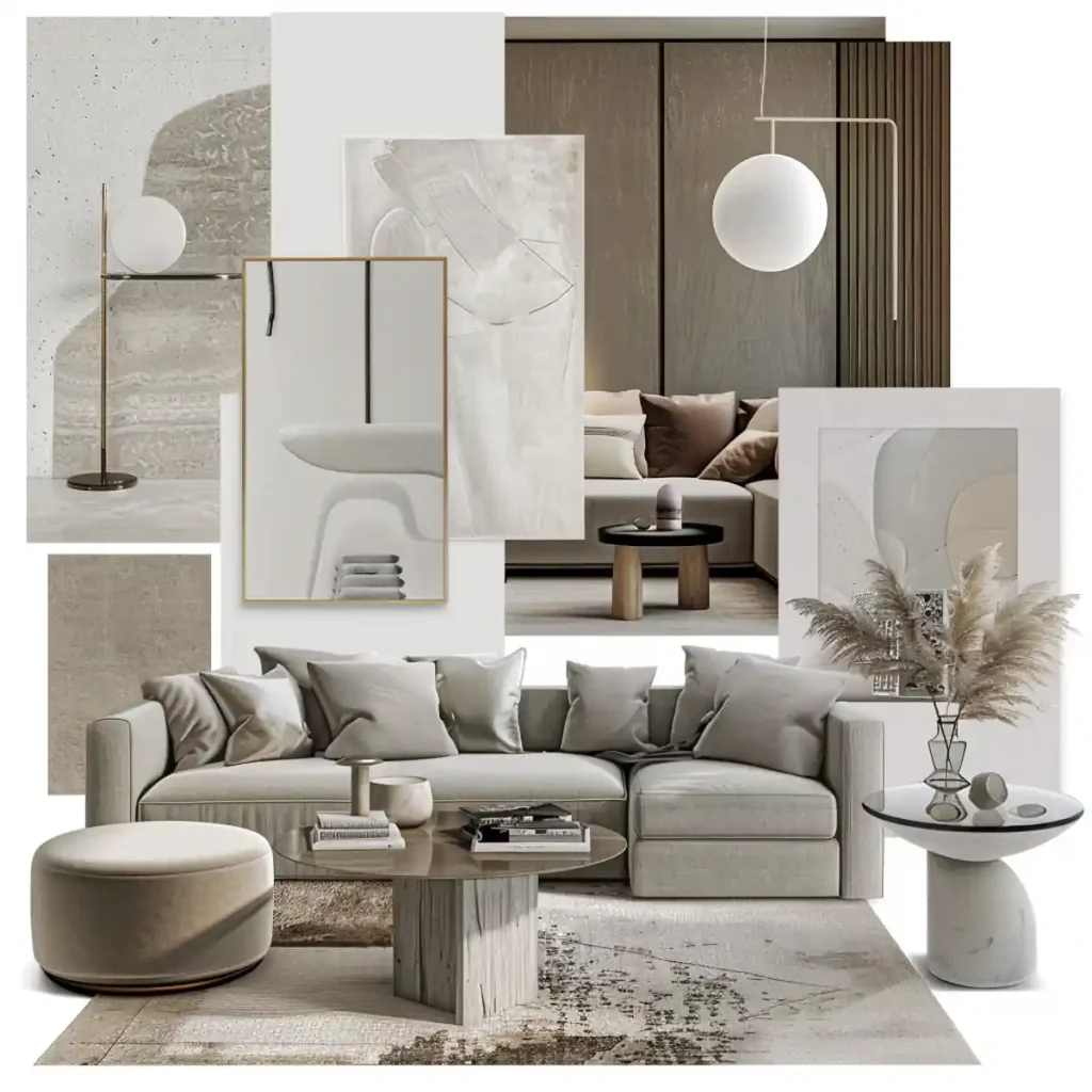 Collage designed by an interior designer for a modular home, featuring a modern living room with a neutral color palette, sectional sofa, round coffee table, abstract art, and decorative plants.