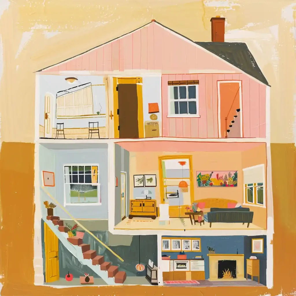 Illustration of a cutaway view of a two-story modular home, designed by an interior designer, showing various rooms and interior decor in a colorful style.
