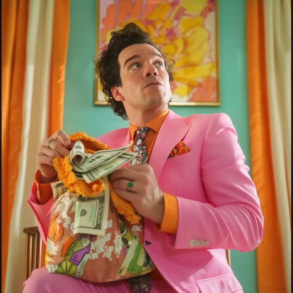 An interior designer in a pink suit holds a bag of snacks with money sticking out, in a colorful room with a vibrant painting in the background.
