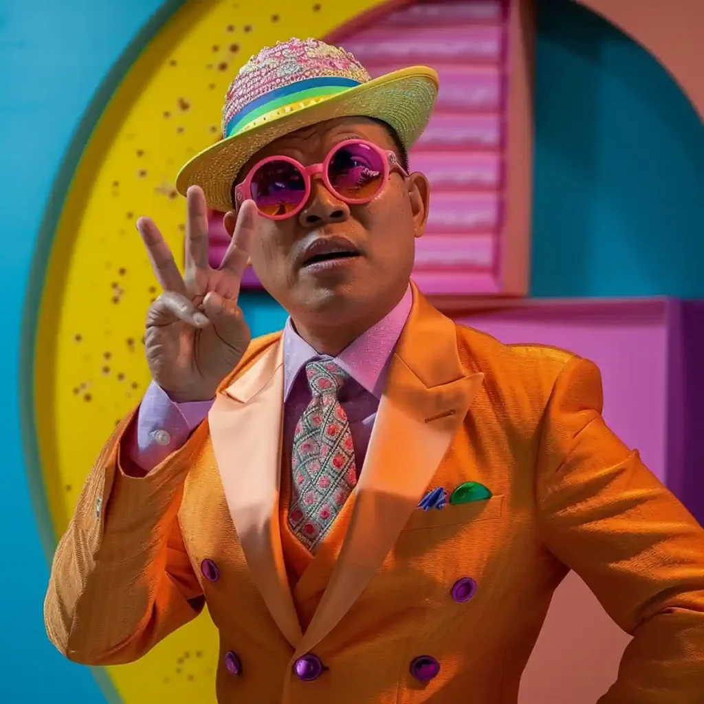 An interior designer in a vibrant orange suit and colorful hat, gesturing 3 fingers rule, wearing pink sunglasses, against a multicolored background.