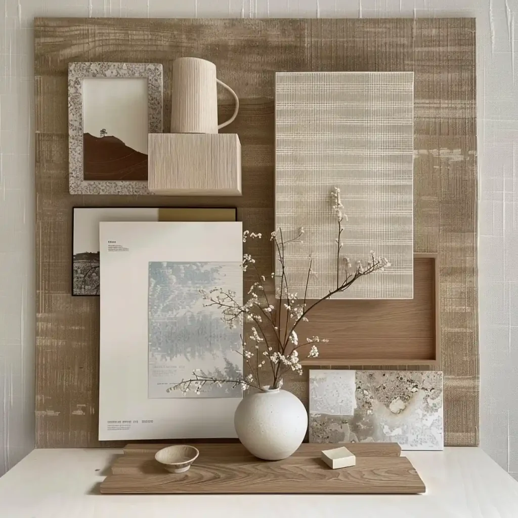 An aesthetic display by an interior designer of neutral-toned decor items including frames, a vase with branches, and ceramic ware on a textured table.