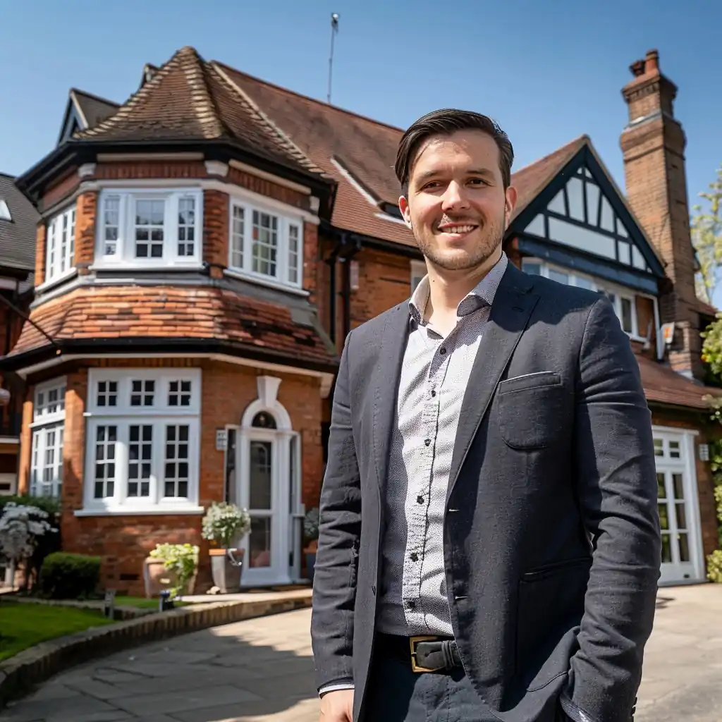 A man in a dark suit stands smiling in front of a large two-story brick house with white-framed windows and a brown tiled roof, potentially affected by recent changes explained under the MDR Stamp Duty guidelines.