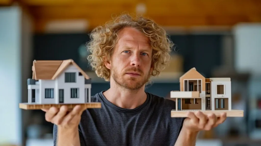 A person holds two architectural models of houses, one in each hand, displaying a focused expression while pondering the impact of recent Granny Annexe Tax changes.