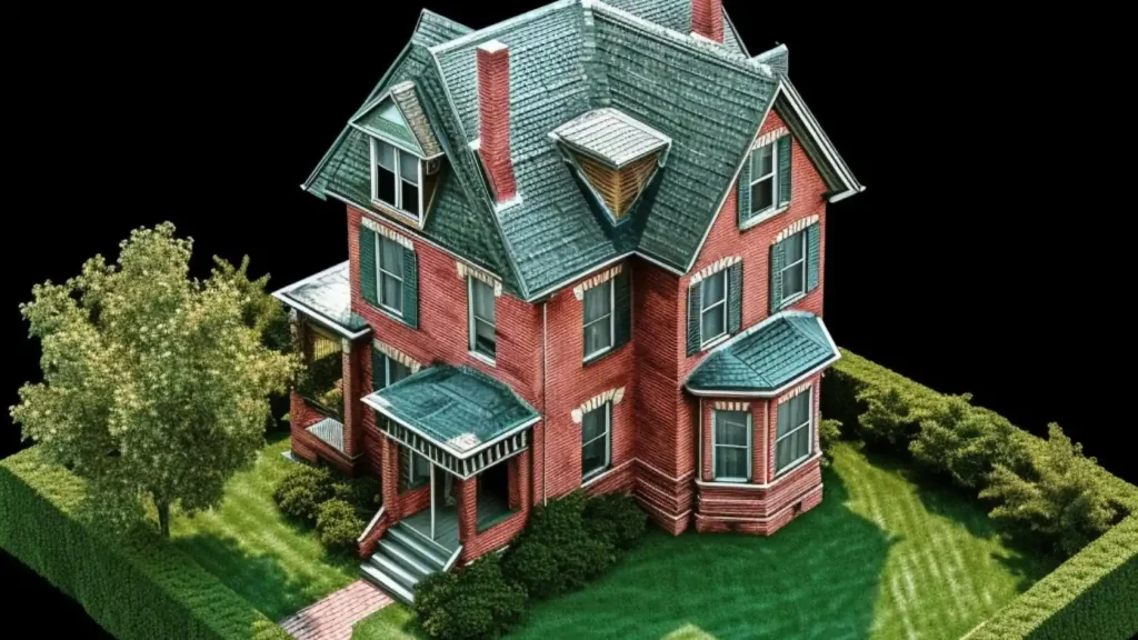 A red brick Victorian-style house with a blue-gray roof, multiple gables, and a wrap-around porch is surrounded by green hedges and a neatly mowed lawn. Perfect for families, this property also includes a charming Granny Annexe.