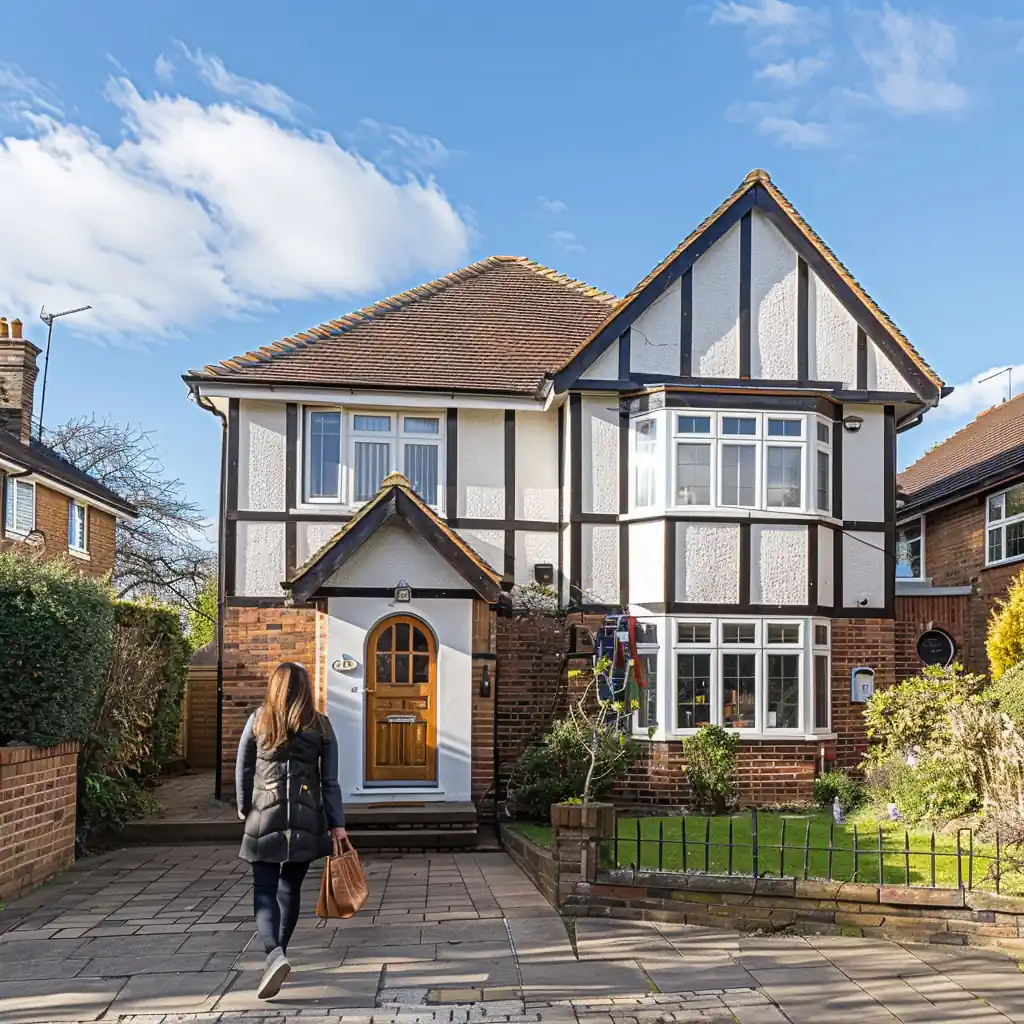 A person walks towards a two-story house with Tudor-style architecture, featuring a white exterior with black timber framing and a brown front door, under a clear blue sky. They ponder the implications of Granny Annexe Tax on their new home.