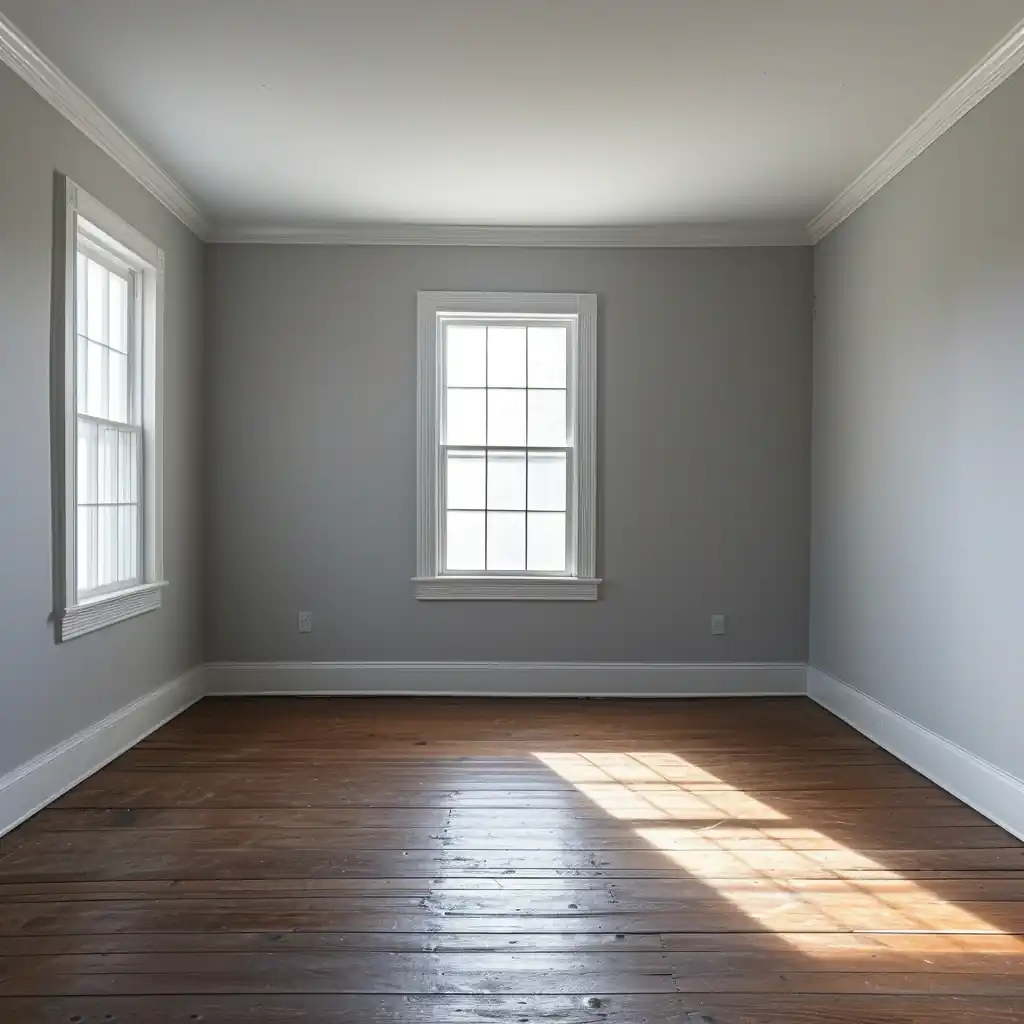 Empty room with grey walls, designed by an interior designer for a modular home, featuring two windows and hardwood floor, reflecting sunlight.