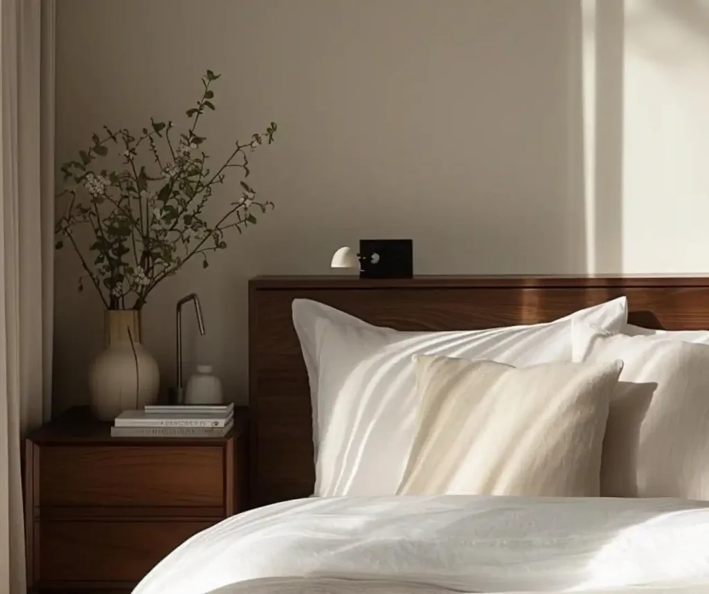 Soft morning light illuminates a neatly made bed in a small minimalist bedroom, featuring plush pillows and a wooden bedside table that holds a vase with branches, books, and a lamp.