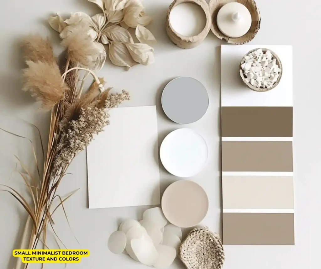 A mood board featuring a palette of neutral colors, paint samples, dried plants, and textured materials for a small minimalist bedroom design.