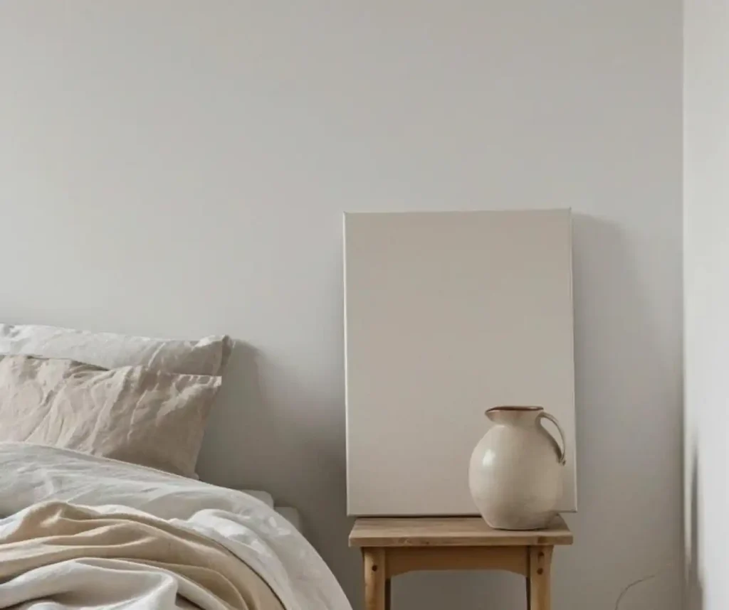 A minimalist bedroom design features an unadorned canvas on a wooden stool next to a bed covered with a rumpled beige duvet and a ceramic jug beside the canvas.