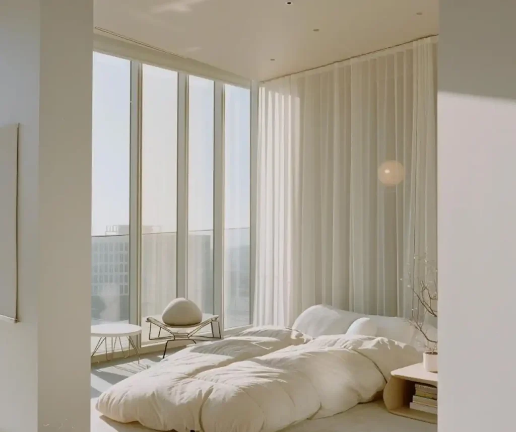 A small minimalist bedroom with large windows, sheer curtains, and a low bed with white bedding, featuring a cityscape view and a modern chair in the corner.