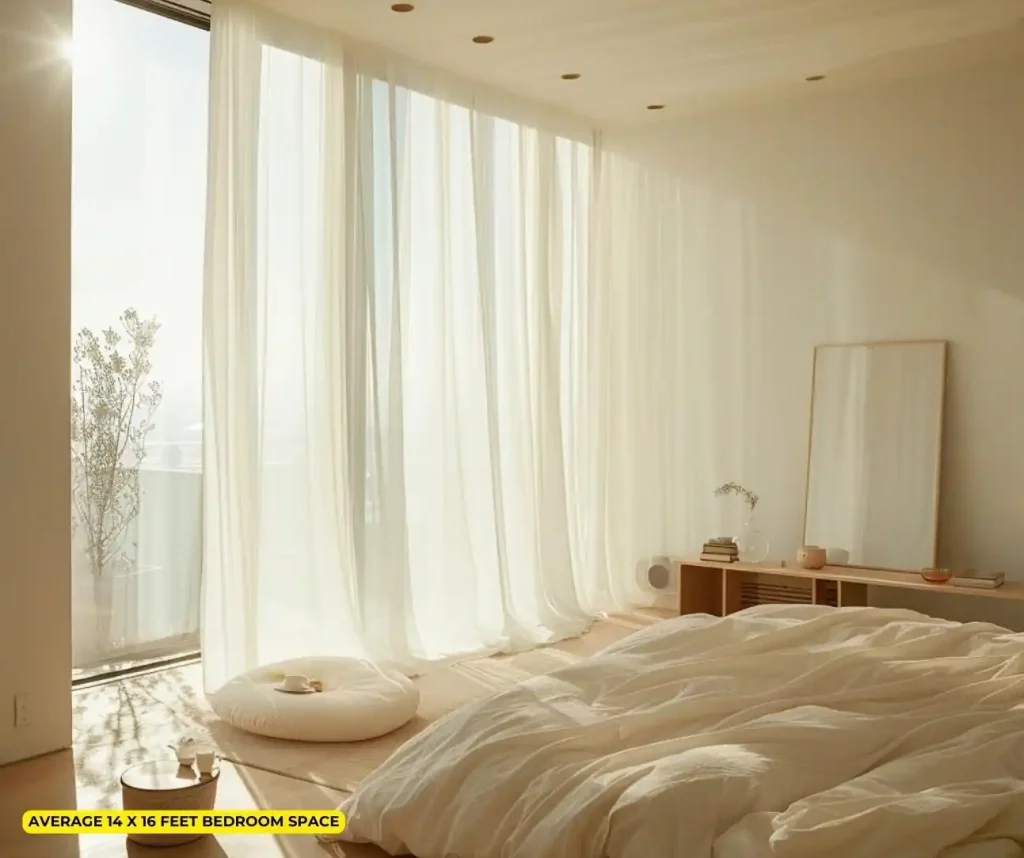A bright, sunlit small minimalist bedroom with sheer curtains, a messy bed, a floor cushion, and minimal furnishings.