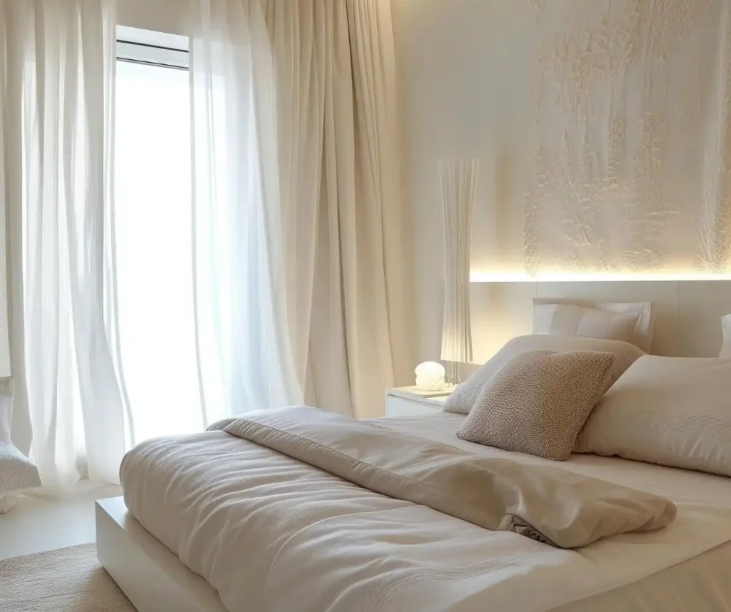 A small minimalist bedroom with a large bed covered in white bedding, white walls, and sheer curtains partly obscuring a window, creating a serene ambiance.