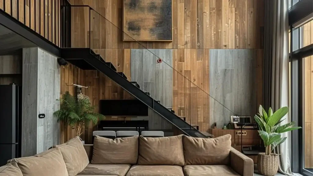 Modern living room designed by an interior designer, with a beige sofa, wooden walls, black staircase, and a potted plant, conveying a sleek, contemporary style.