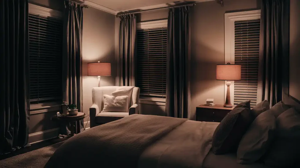 A cozy bedroom with a bed, an upholstered chair, two bedside tables, and two lamps sets the perfect stage for activities in home makeover. The room boasts dark curtains, a window with blinds, and is softly lit by the ambient glow of the lamps.