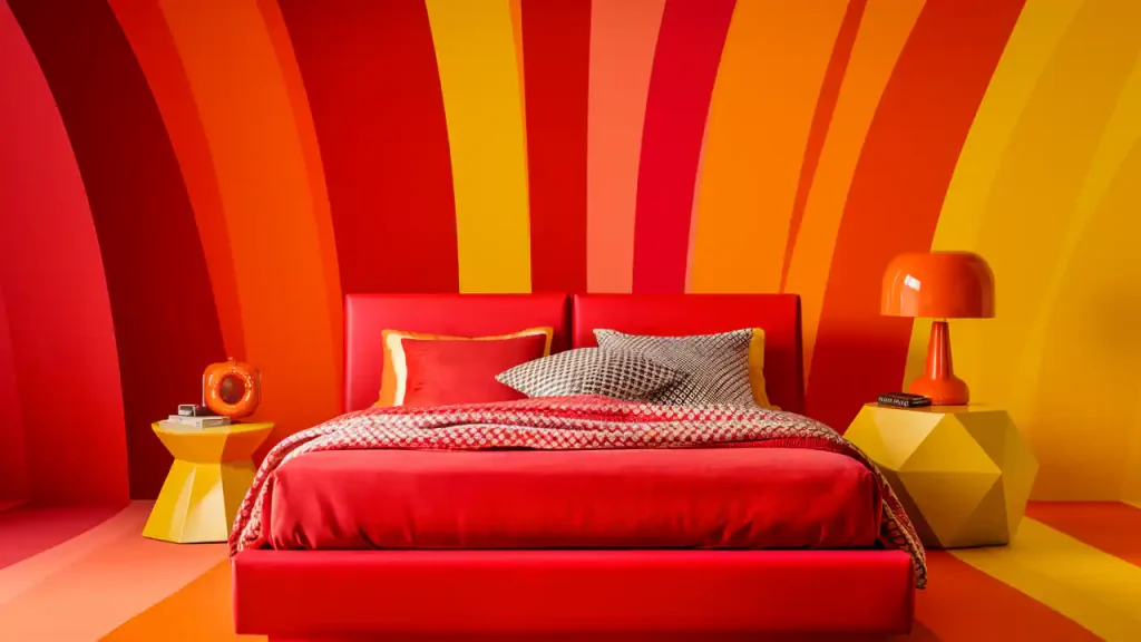 A bedroom with a brightly colored, striped red and orange wall. The bed is red with orange and white pillows, reflecting vibrant activities in home makeover. The room includes bedside tables with a lamp on the right and a clock on the left.