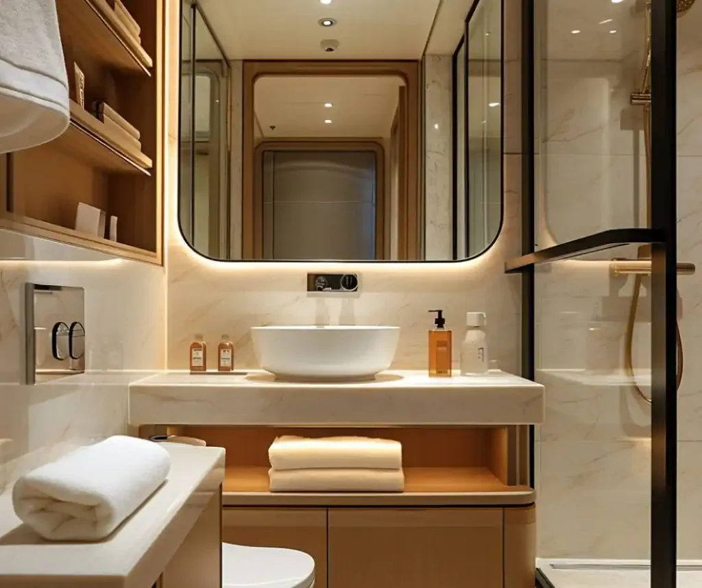 A small bathroom design featuring a round vessel sink, large mirror with LED lighting, glass shower enclosure, and neatly arranged towels and toiletries on shelves and the vanity offers both functionality and luxury bathroom decor.