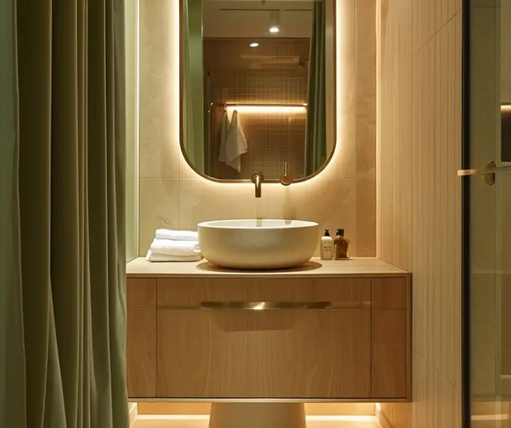 A modern bathroom with a lit mirror, vessel sink on a wooden vanity, and a curtain to the left. Towels are neatly folded beside the sink, and a reflection shows a towel hanging in the shower area. This design small bathroom exudes a feel of luxury with its polished details and minimalist elegance.