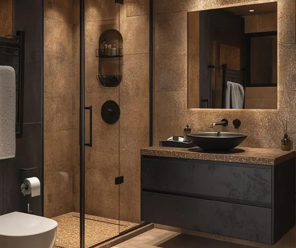 Modern bathroom with stone tiles, a glass shower enclosure, a floating vanity with a black vessel sink, a wall-mounted mirror, and a toilet. Minimalist design with warm lighting offers luxury bathroom touches while maximizing space.