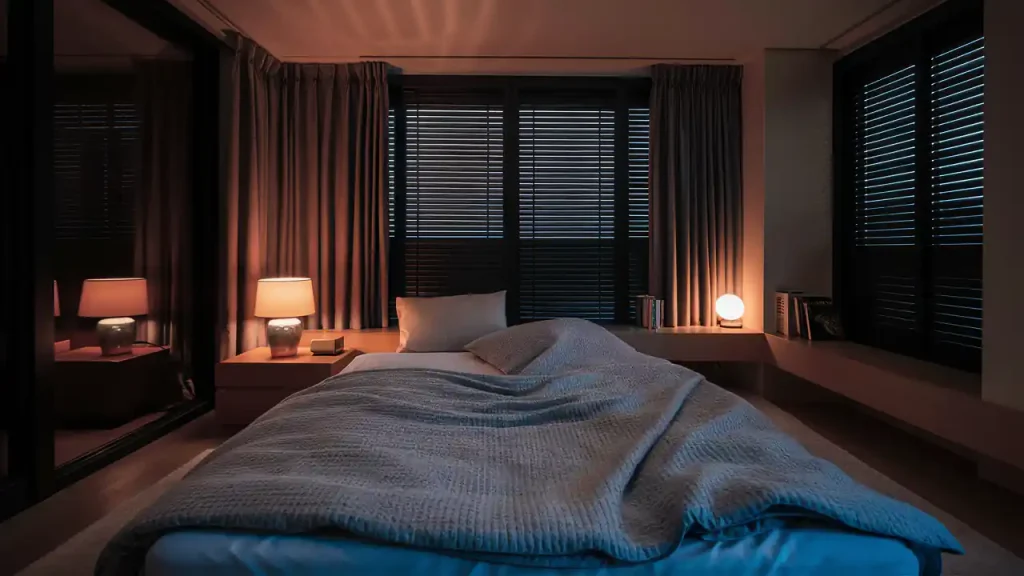 A dimly lit bedroom with a neatly made bed, flanked by two nightstands. Each nightstand has a lamp, and dark curtains cover a large window behind the bed. It's the perfect canvas for your next activities in home makeover, transforming this cozy space into something extraordinary.