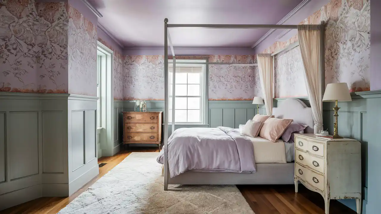 A bedroom with pastel purple walls, a four-poster bed with pink and white linens, a wooden dresser, an armchair, a rug on wooden flooring, and a window allowing natural light in—a perfect inspiration for activities in home makeover projects.