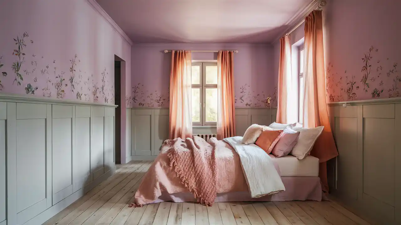 A bedroom with pastel pink walls and peach curtains, featuring a bed with pink and white bedding on a light wooden floor. Sunlight streams through the windows, showcasing the delightful results of Activities in Home Makeover.