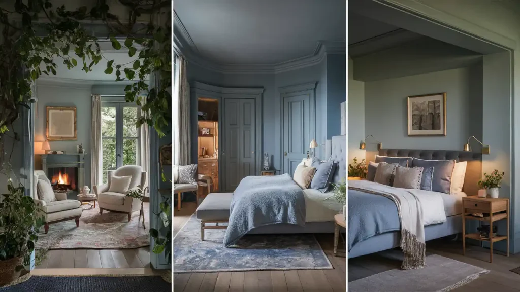 A collage of three images featuring rooms in a house with blue-gray walls: a cozy sitting area with a fireplace, a bedroom with a large bed, and another bedroom with wall-mounted reading lights, showcasing various activities in home makeover projects.