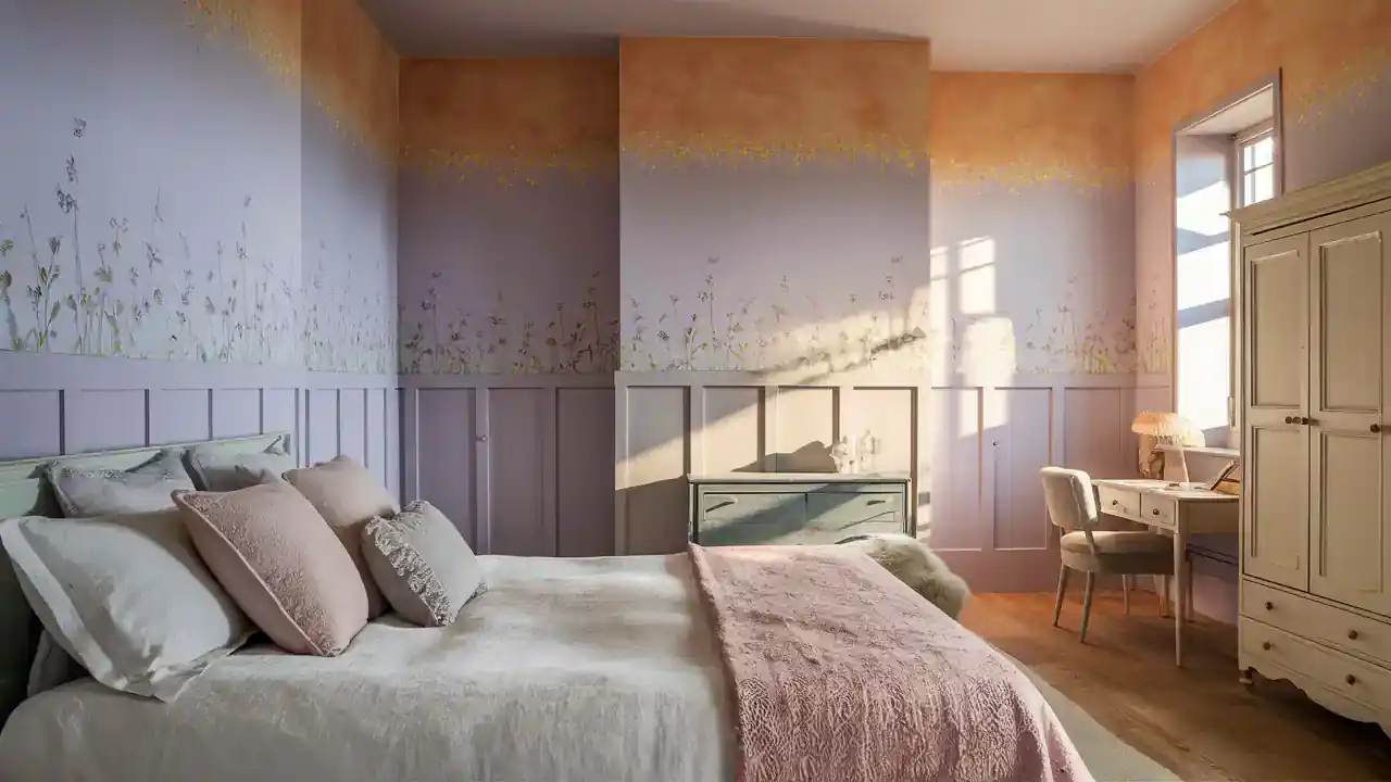 A cozy bedroom with pastel-colored walls, a large bed with pillows and a pink throw blanket, a desk and chair by the window, and a wardrobe. Sunlight streams through the window, illuminating the room—perfect for activities in your home makeover journey.