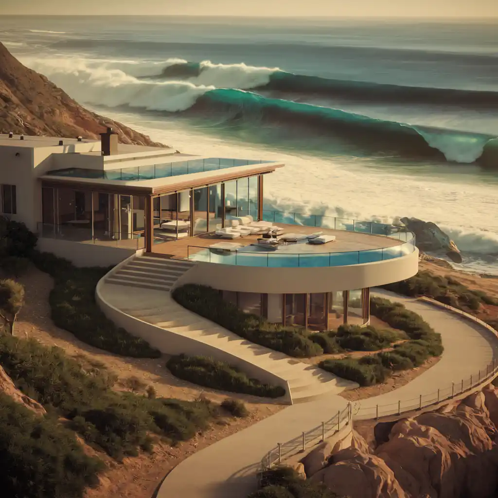 Modern coastal house with a curved walkway, large glass windows, and an outdoor pool overlooking the ocean with large waves. Rugged hills and rocks surround the property, showcasing meticulous pre-construction planning that ensures every view is breathtaking.
