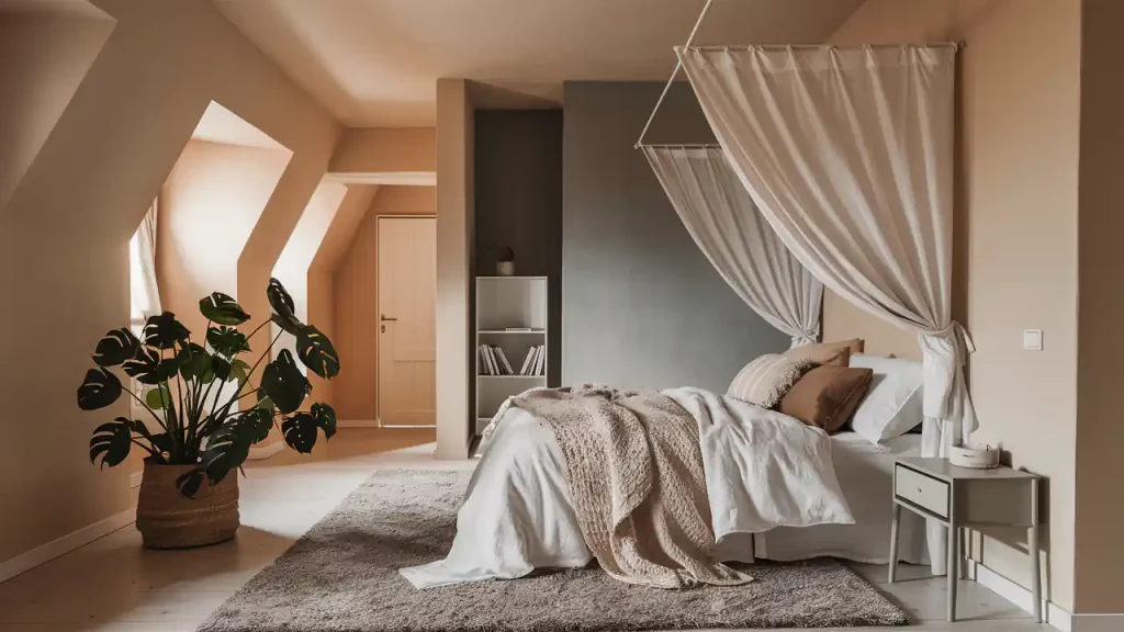 A cozy bedroom with a canopy bed draped in sheer white curtains, neutral-colored bedding, a potted plant, a small bookshelf, and a rug on the wooden floor highlights the joy of engaging in activities in home makeover.