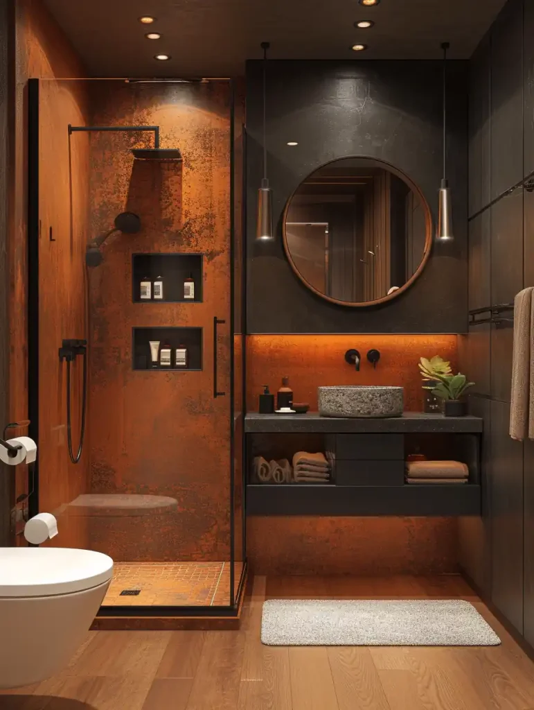 Modern small bathroom featuring a glass shower with built-in shelves, a round mirror above a floating sink vanity, and warm ambient lighting. A toilet and towel are also visible, making clever use of space to avoid clutter.