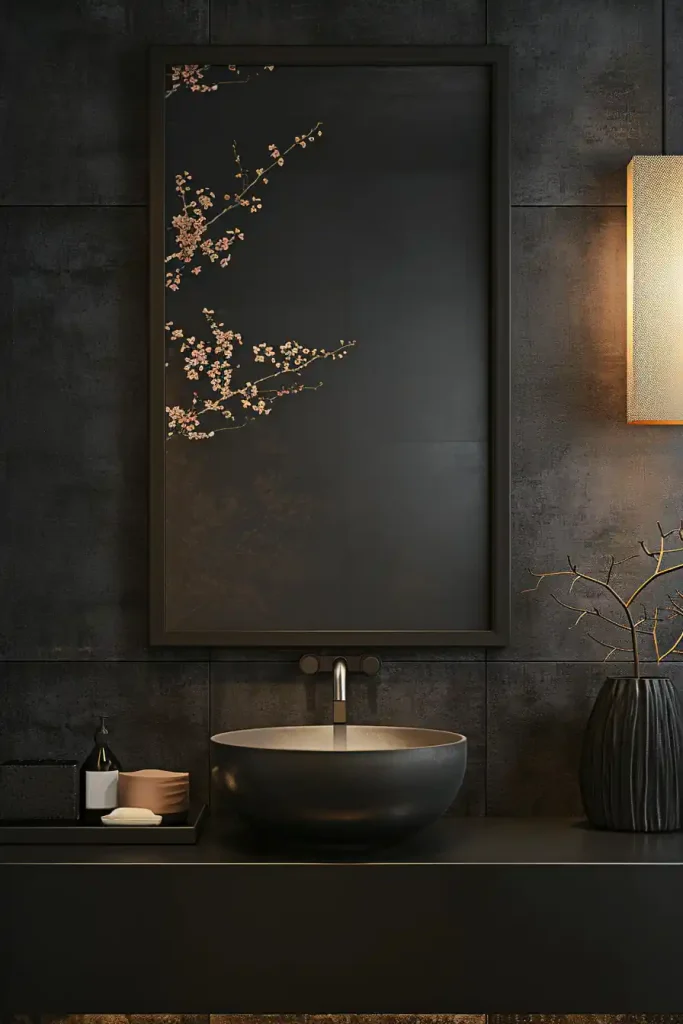 A modern bathroom design features a round basin with a wall-mounted faucet, a large mirror adorned in floral designs, a soap dispenser, and a lit wall sconce. Ideal for small bathroom tips and small space ideas, this setup maximizes style and functionality.