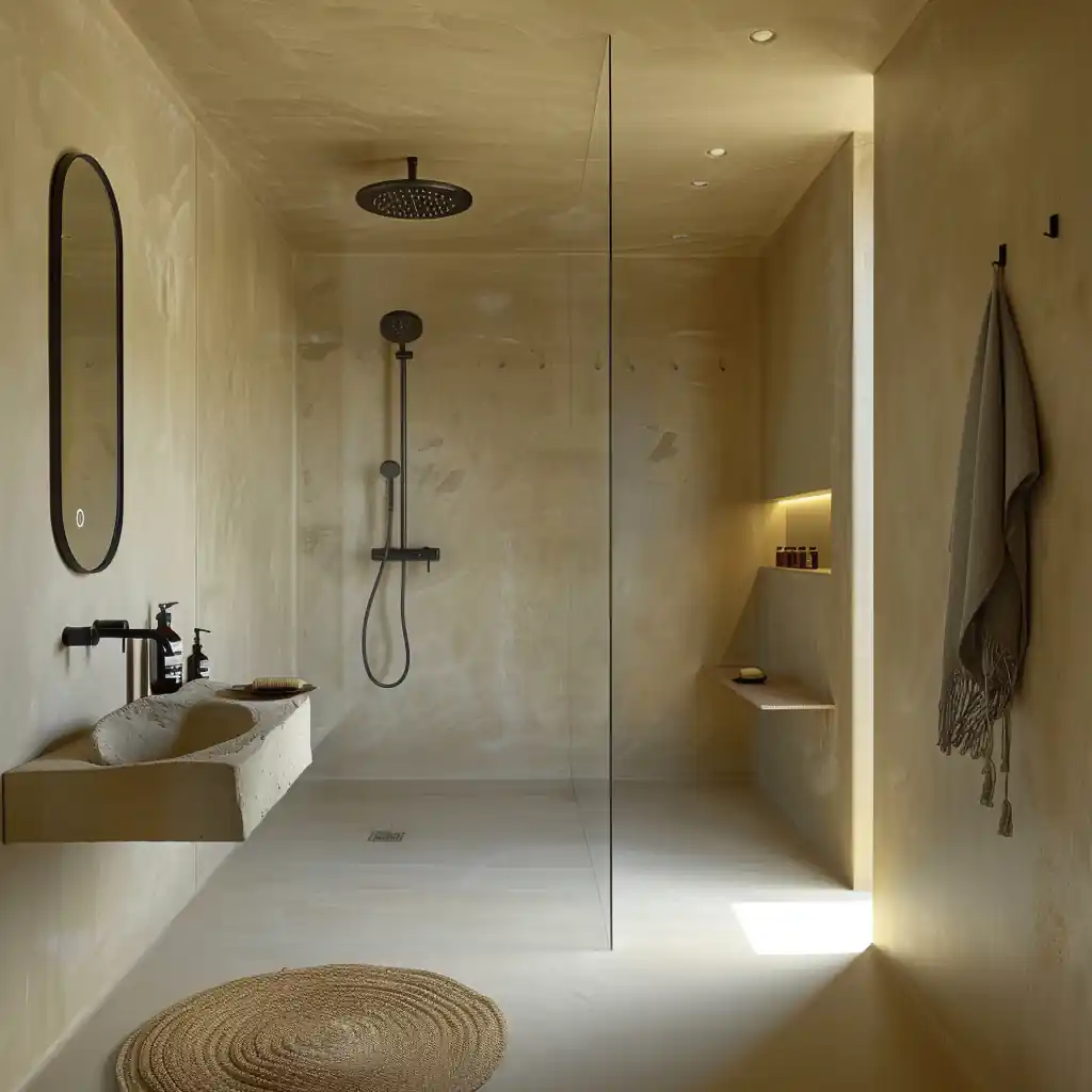 A minimalist bathroom features a walk-in shower with a fixed shower screen and wall-mounted showerhead, an oval mirror above a stone sink, a towel hanging on a hook, and a round woven rug on the floor.