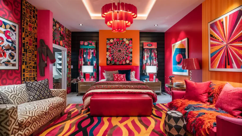 Vibrantly decorated bedroom with multicolored walls, an elaborate red chandelier, patterned textiles, and a variety of bright, bold art pieces. Perfect for engaging in activities in home makeover, the room includes a bed with red bedding and various seating.