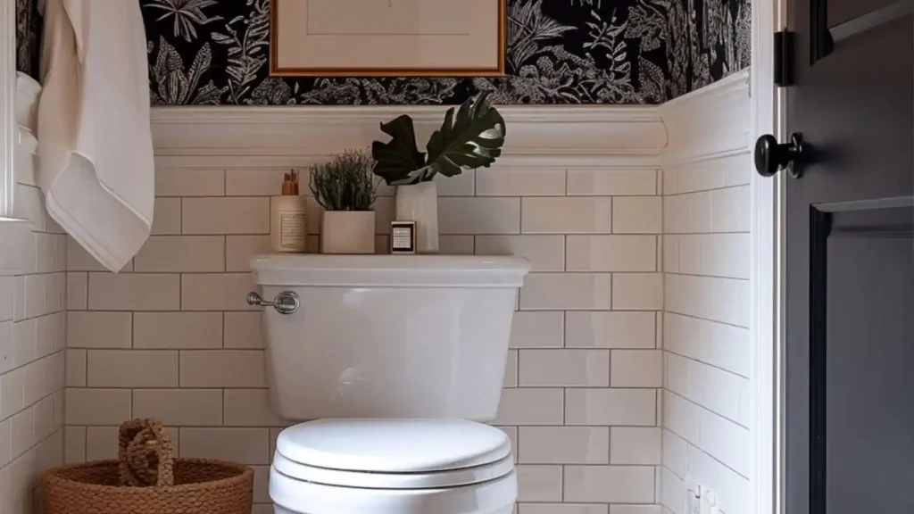 A designer touch graces this tiny bathroom with white subway tile walls and black floral wallpaper. A white toilet, adorned with a potted plant on top, adds charm, while a wicker basket sits neatly on the floor beside it.