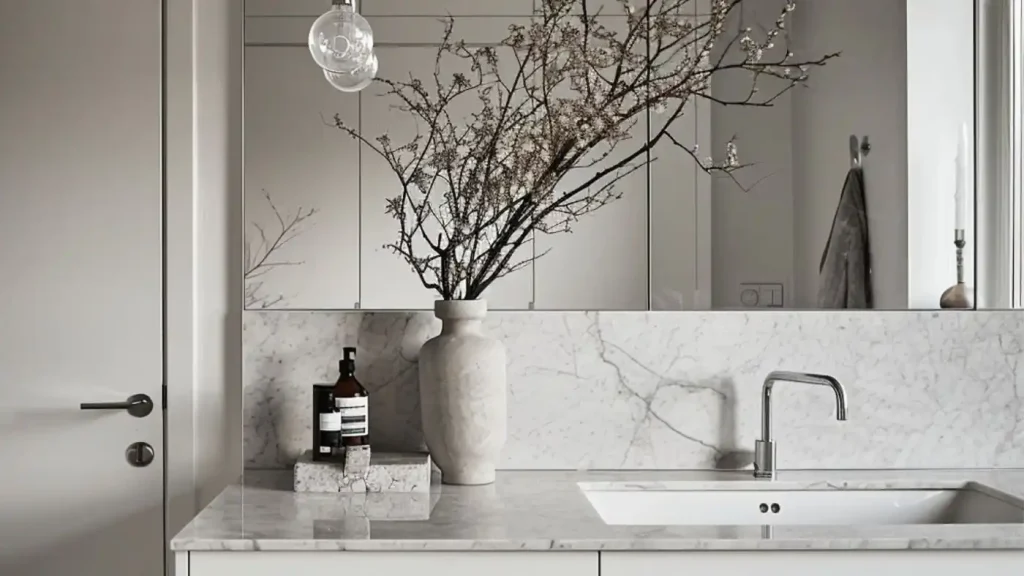 A minimalist bathroom renovation with a marble countertop, a sink, a soap dispenser, and a branch arrangement in a vase sits gracefully in front of a large mirror.