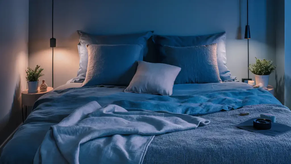 A neatly made bed with blue linens and pillows is illuminated by a bedside lamp, creating a cozy atmosphere. As part of activities in Home Makeover, two small plants are placed on bedside tables on either side of the bed.