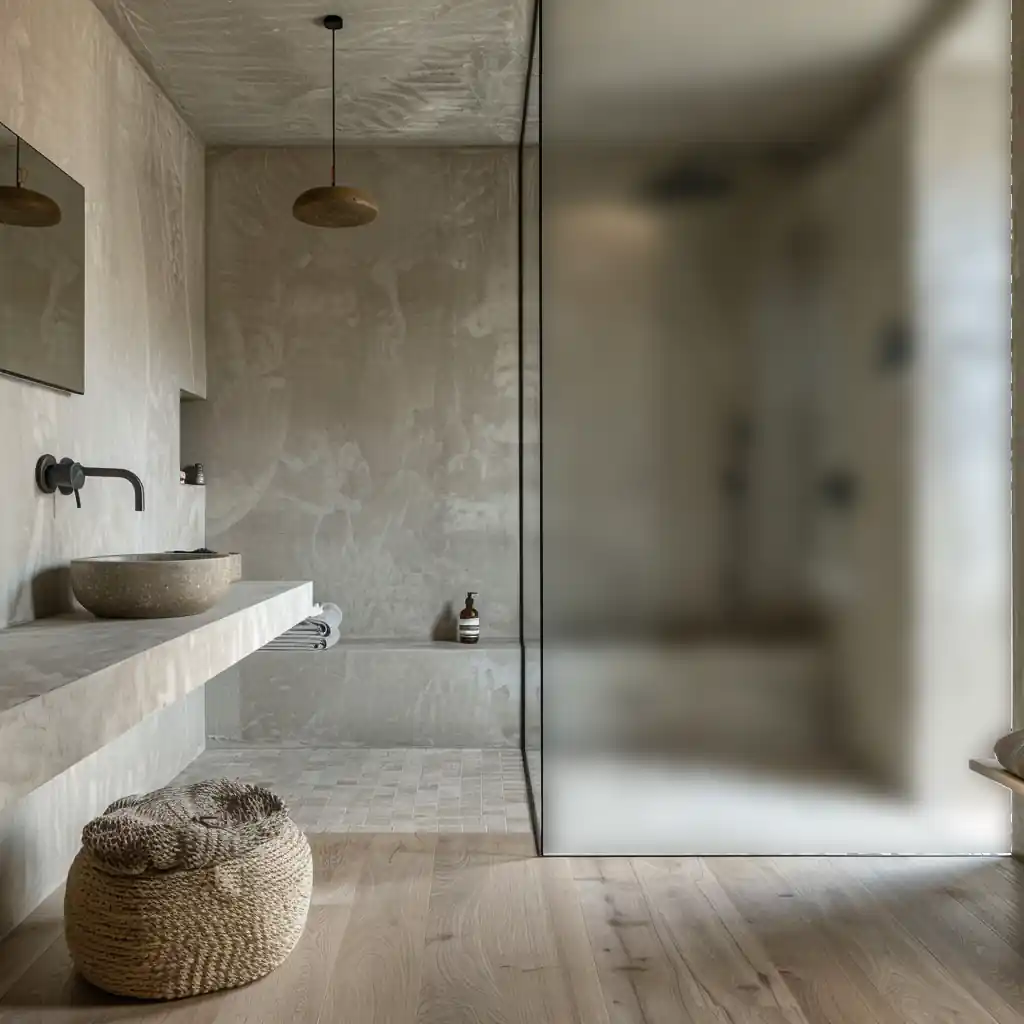 A modern bathroom with a minimalist design featuring a stone basin, wall-mounted faucet, and a walk-in shower with a fixed shower screen and frosted glass partition. A woven basket sits on the wooden floor.