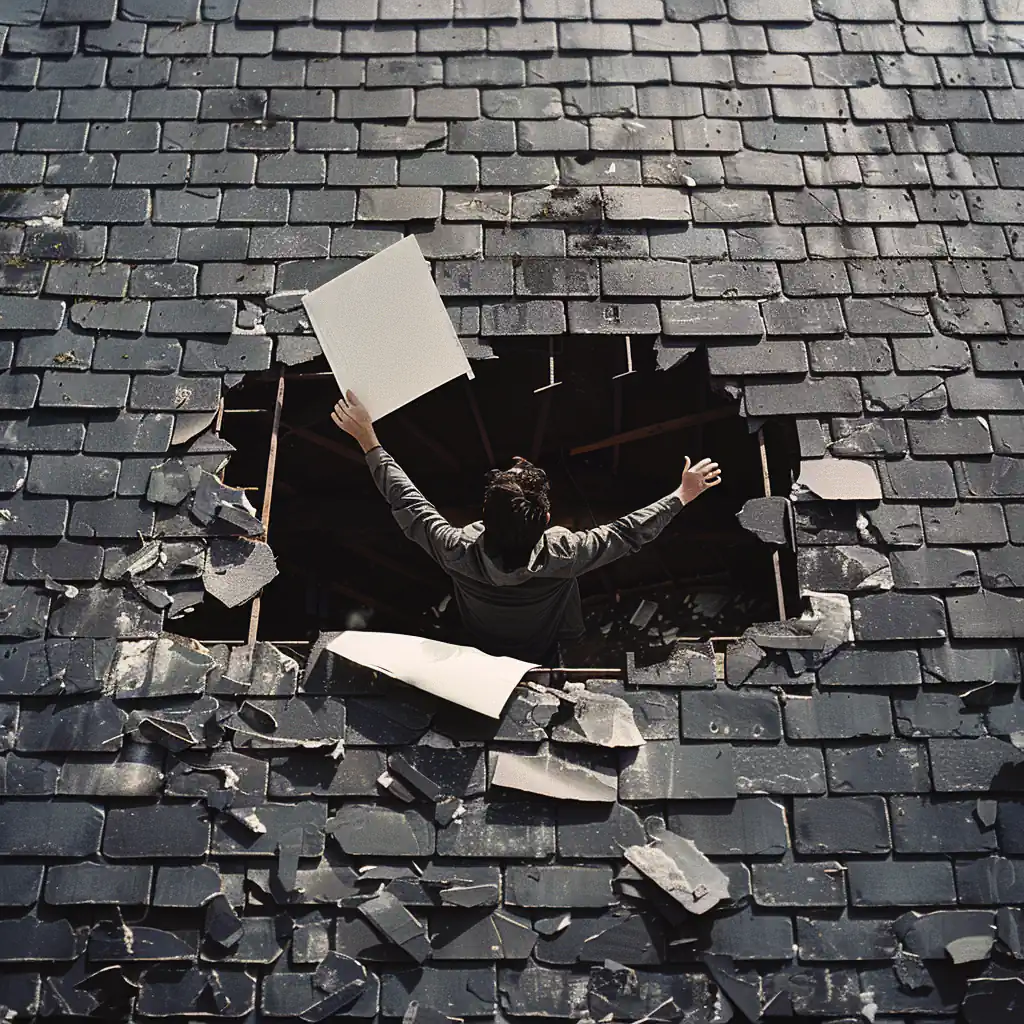 A person is seen from above, standing with outstretched arms amidst debris in a hole in a shingled roof during daylight. Consider hiring an expert roofer to prevent such damages and ensure your roof stays intact.