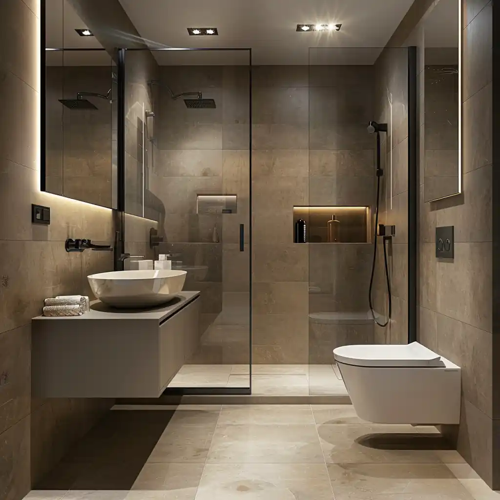 Modern small bathroom with beige tiled walls and floor, large mirror, vessel sink on a floating vanity, glass-enclosed shower, wall-mounted toilet, and recessed shelving—ensure you avoid cluttering the space to keep it airy.